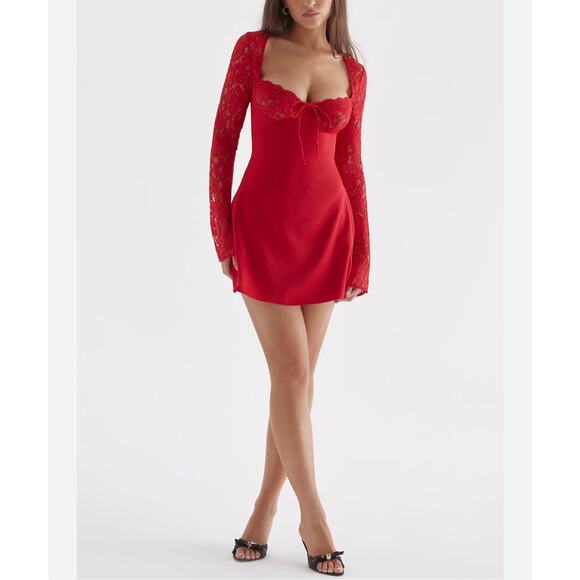 NWT House of CB Jennica Red Lace Sleeve Bustier Satin Mini Dress M - Picture 6 of 15